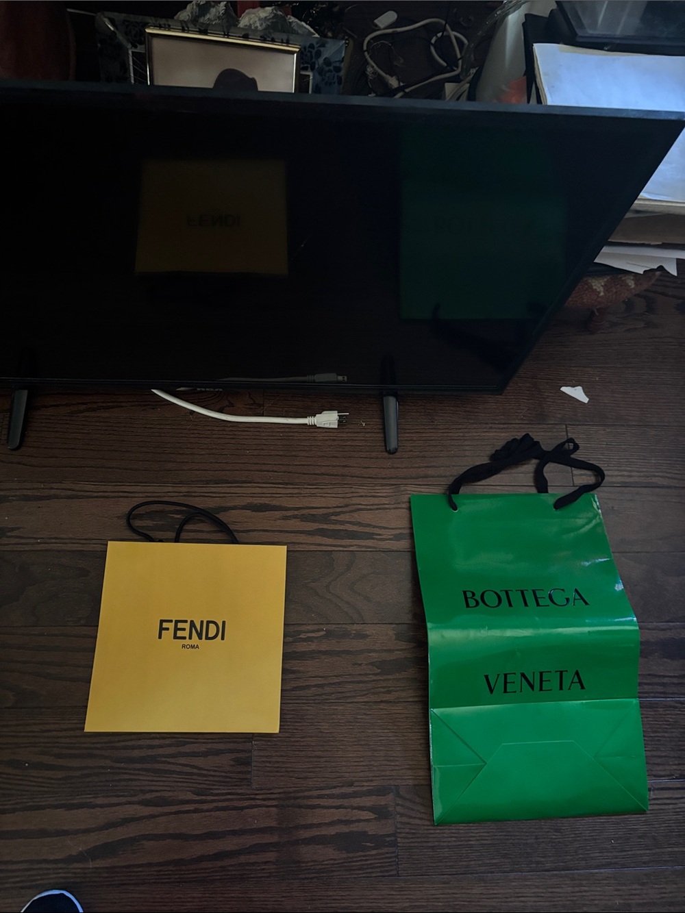 Fendi Yellow Shopping Bag & Bottega Green Paper Bag Pair